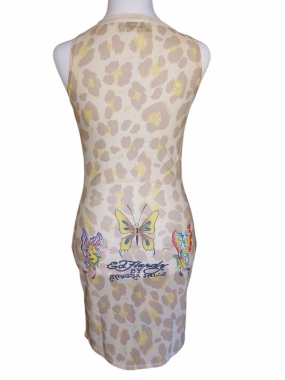 RARE ED HARDY x SIBERIA HILLS Sheer Mesh Butterfly Leopard Tattoo Mini Dress L - Picture 8 of 10